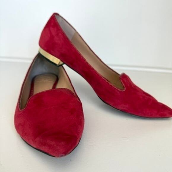 Tory Burch Pointed Toe Flats Raspberry Suede Gold Heel Logo Balletcore 6.5M - Picture 10 of 11